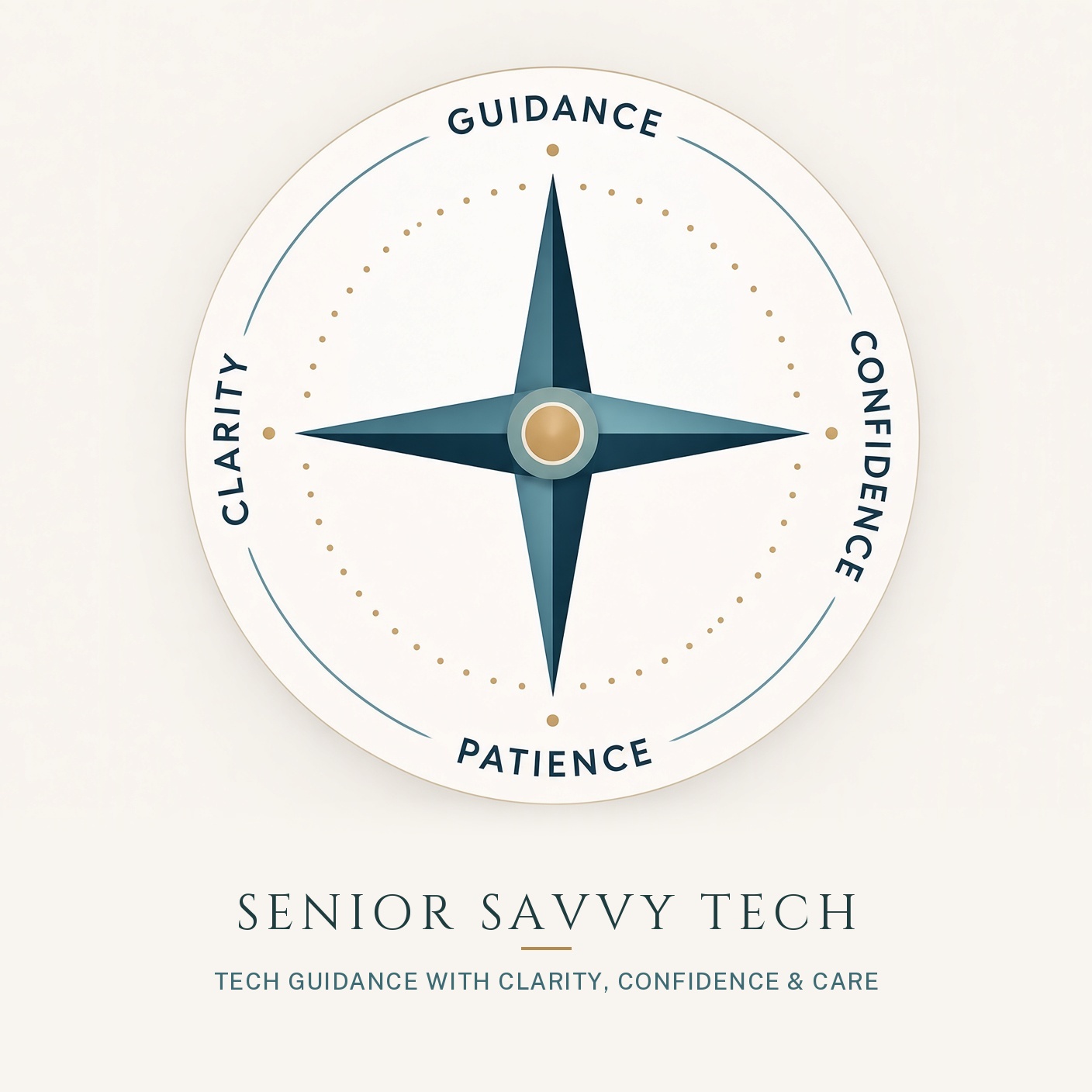 Senior Savvy Tech logo — compass with Guidance, Confidence, Patience, and Clarity